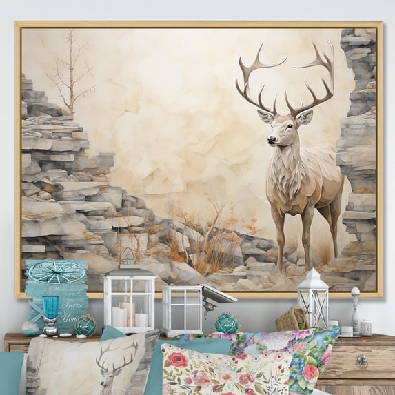 Designart "Beige Minimalist Deer Portrait I" Animals Deer Floater Framed Canvas Prints