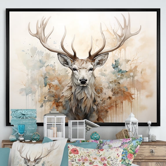 Designart "Beige Minimalist Deer Portrait II" Animals Deer Floater Framed Wall Decor