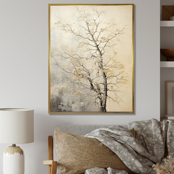 Designart "Beige Oak Tree Solitude I" Tree Oak Floater Framed Canvas Art Print