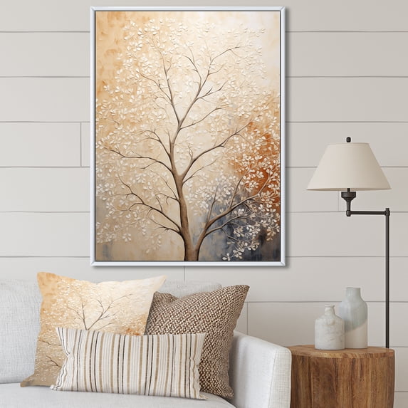 Designart "Beige Oak Tree Solitude II" Tree Oak Floater Framed Wall Art Prints