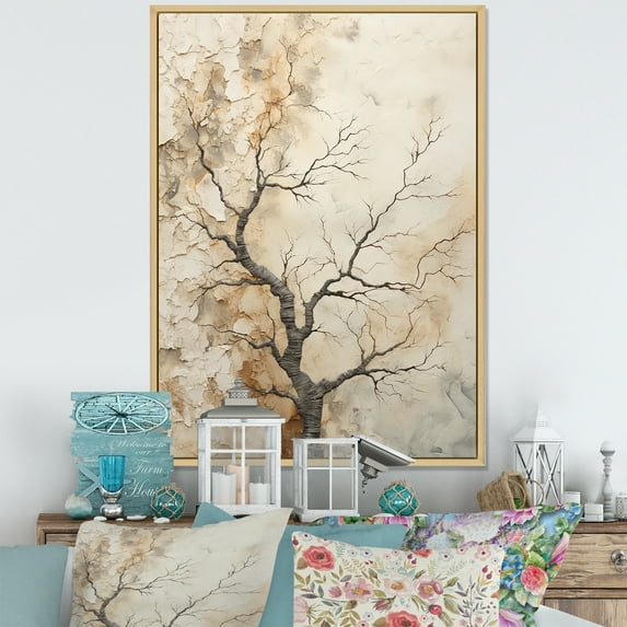 Designart "Beige Oak Tree Solitude III" Tree Oak Floater Framed Wall Art Living Room