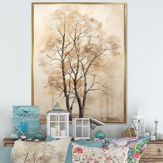 Designart "Beige Oak Tree Solitude VI" Tree Oak Floater Framed Wall Decor