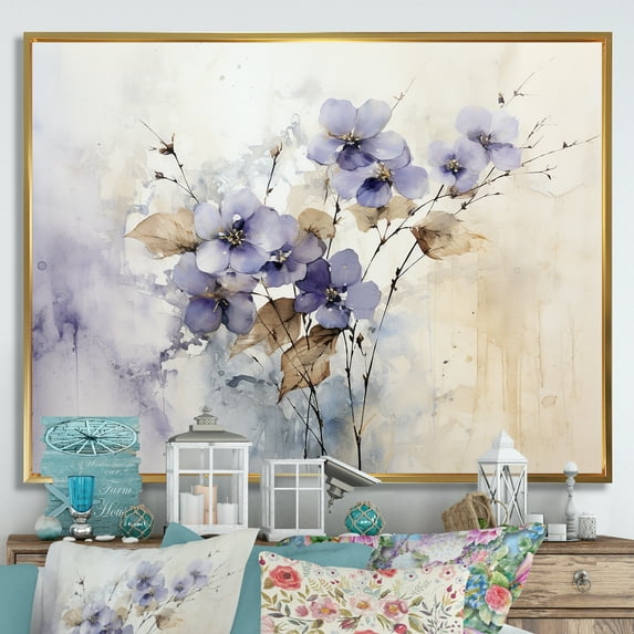 Designart "Beige-Purple Decorative Violets" Violets Floater Framed Wall Art Living Room