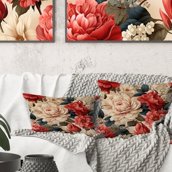 Designart "Beige Rose Blooms In Vintage Charm I" Floral Printed Throw Pillow