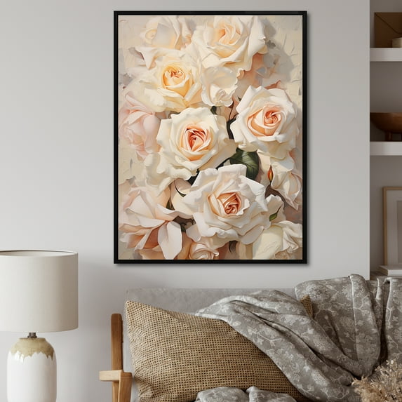 Designart "Beige Rose Calm II" Roses Floater Framed Wall Art Living Room