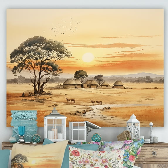 Designart "Beige Savannah Safari African Landscape Exploration IV" Landscapes Wall Art - Global Beige Africa Entryway Wall Art Print