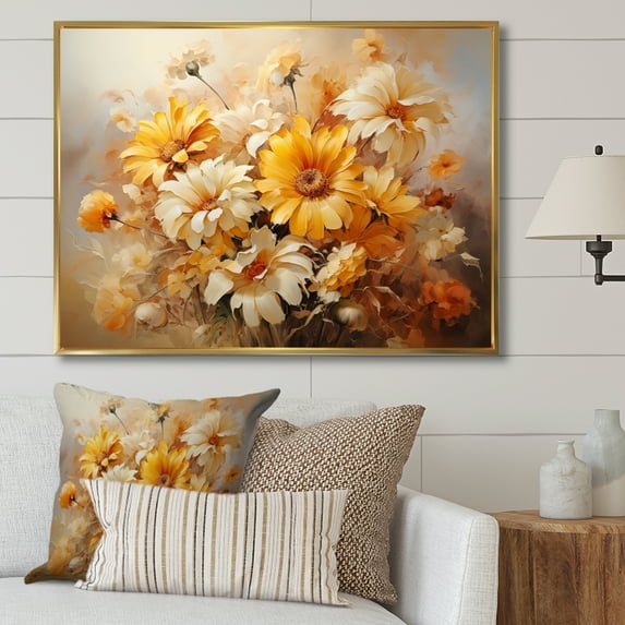 Designart "Beige Sunflowers love expression IV" Floral Floater Framed Wall Art Living Room