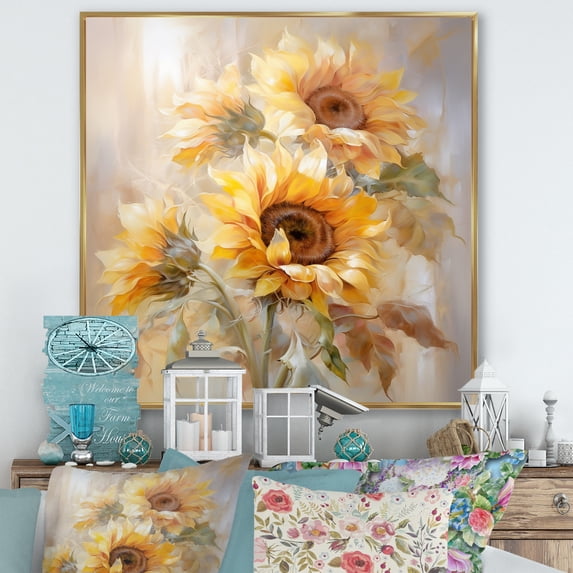 Designart "Beige Sunflowers love expression V" Floral Floater Framed Canvas Art Print