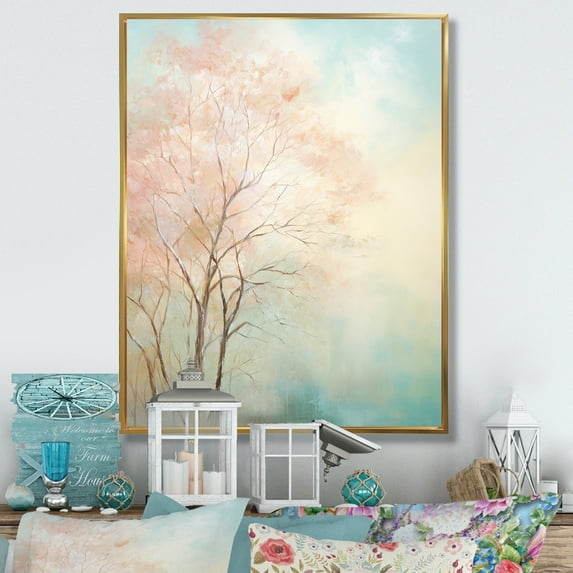 Designart "Beige Teal Trees love expression" Cottage Floater Framed Canvas Art Print