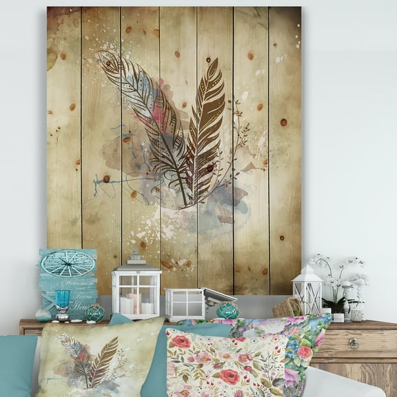 Designart 'Beige Vintage Flowers' Vintage Print on Natural Pine Wood