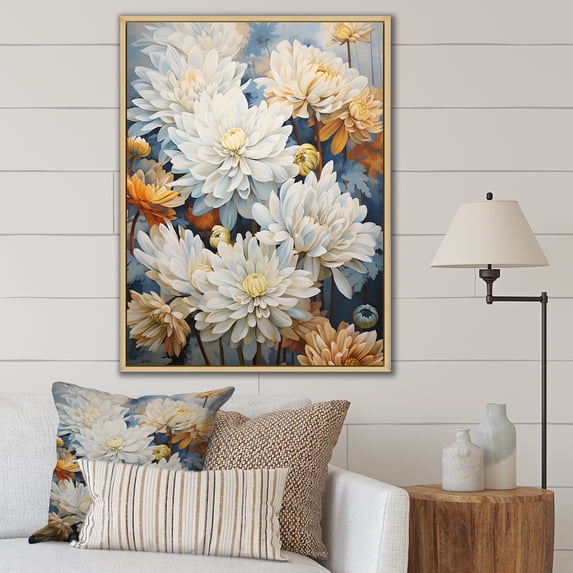 Designart "Beige, White, And Blue Mums Painting I" Mums Floater Framed Canvas Prints