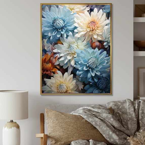 Designart "Beige, White, And Blue Mums Painting III" Mums Floater Framed Canvas Art Print