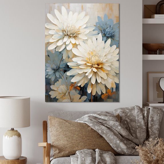 Designart "Beige, White, And Blue Mums Painting" Mums Canvas Wall Art