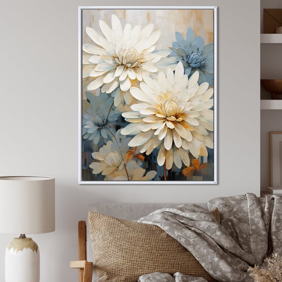 Designart "Beige, White, And Blue Mums Painting" Mums Floater Framed Canvas Wall Art