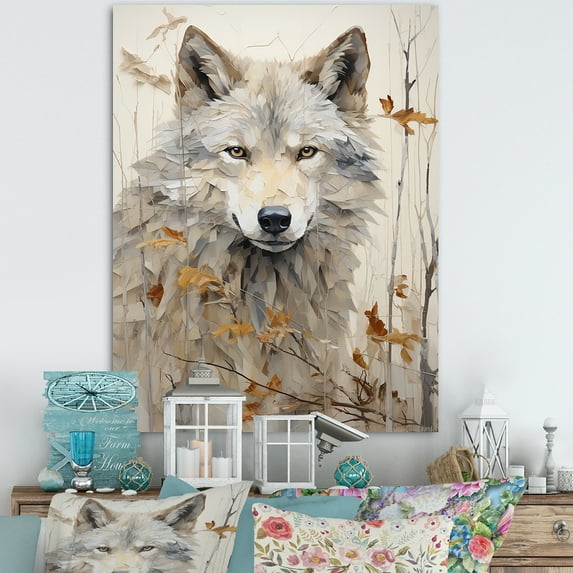 Designart "Beige Wolf'S Minimal Expression" Animals Wolf Canvas Wall Art