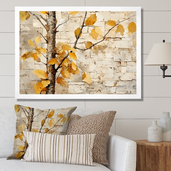 Designart "Beige and Yellow Birch Wood Forest Autumnal Palette I" Floral Framed Wall Art Decor - Traditional Yellow Tree Birch Entryway Framed Wall Art Print