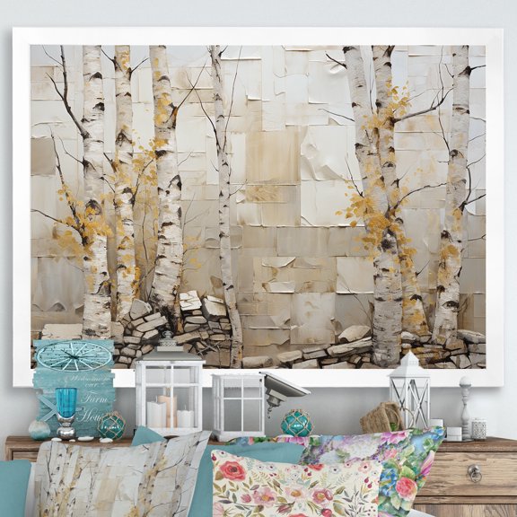 Designart "Beige and Yellow Birch Wood Forest Autumnal Palette II" Floral Framed Wall Art Decor - Traditional Yellow Tree Birch Bedroom Framed Canvas Wall Art