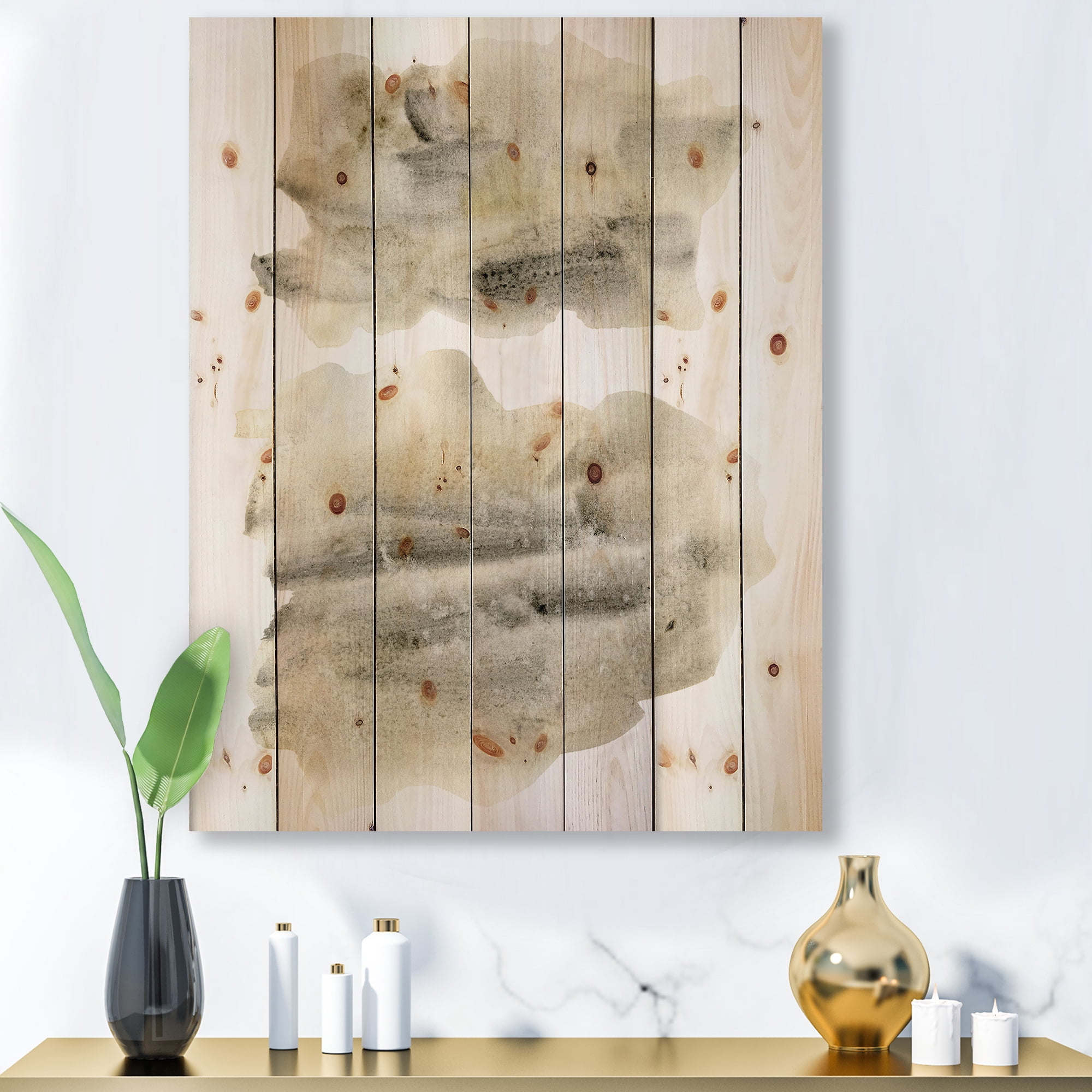 Designart 'Beige and Black Clouds' Modern Print on Natural Pine Wood