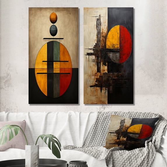 Designart "Belgian Conversations Geometric Abstraction II" Modern Geometric Wall Art Set Of 2 - Modern Gold Gallery Set For Office Decor