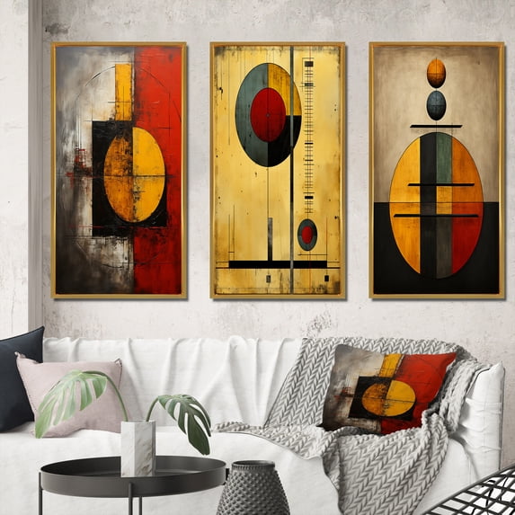 Designart "Belgian Conversations Geometric Abstraction VI" Modern Geometric Framed Wall Art Set Of 3 - Gold Abstract Geometric Frame Gallery Wall Set For Home Decor