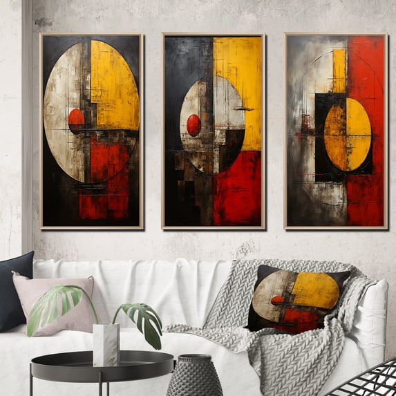 Designart "Belgian Conversations Geometric Abstraction VII" Modern Geometric Framed Wall Art Set Of 3 - Gold Abstract Geometric Frame Canvas Set For Living Room Decor