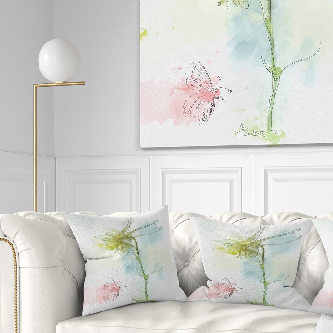 Designart Bellflower Sketch and Butterfly - Floral Throw Pillow - 16x16