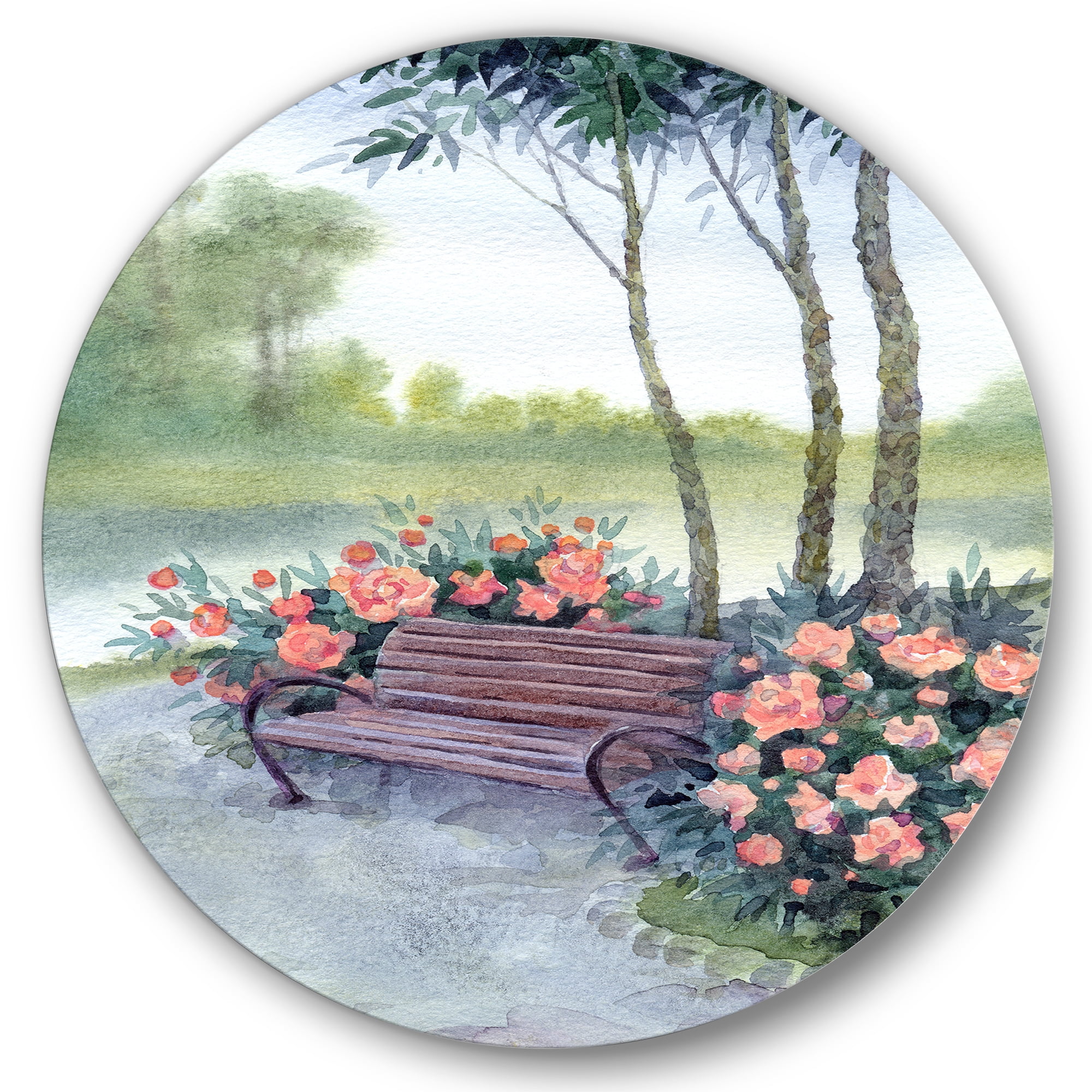 Designart 'Bench In Park By The Pions Flowers Bushes' Traditional Circle Metal Wall Art 23x23 - Disc of 23