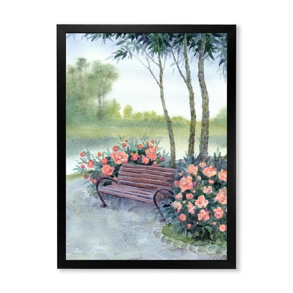 Designart 'Bench In Park By The Pions Flowers Bushes' Traditional Framed Art Print