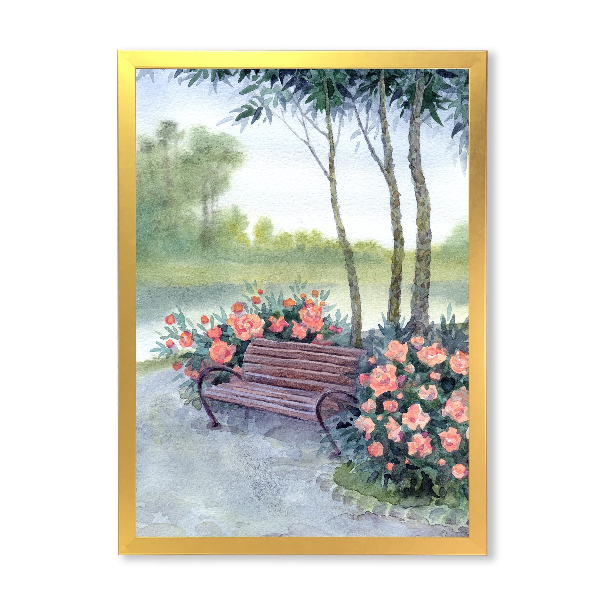 Designart 'Bench In Park By The Pions Flowers Bushes' Traditional Framed Art Print