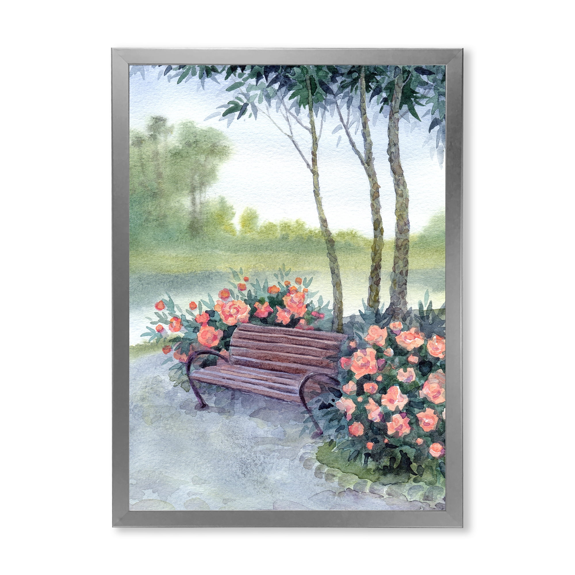 Designart 'Bench In Park By The Pions Flowers Bushes' Traditional Framed Art Print