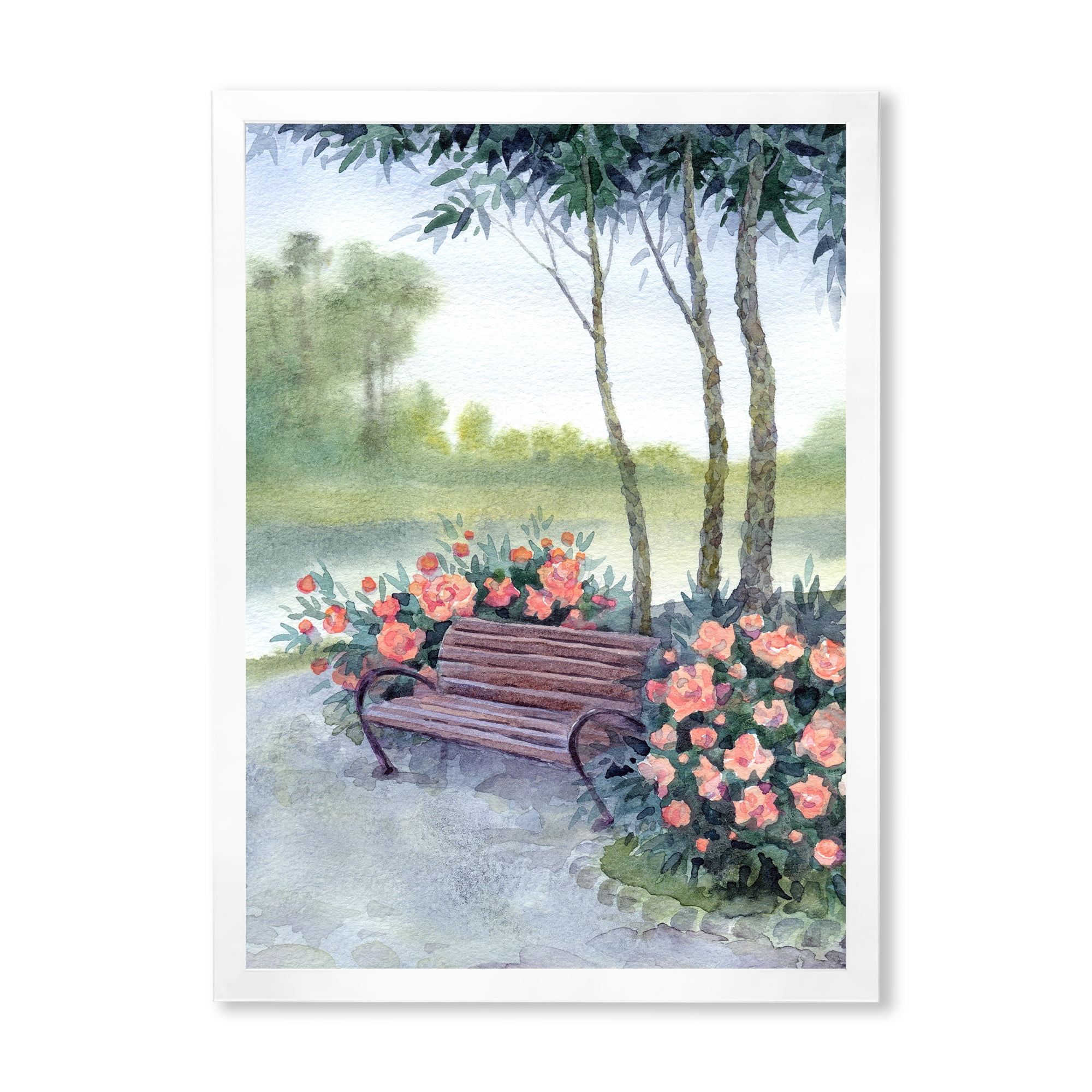 Designart 'Bench In Park By The Pions Flowers Bushes' Traditional Framed Art Print
