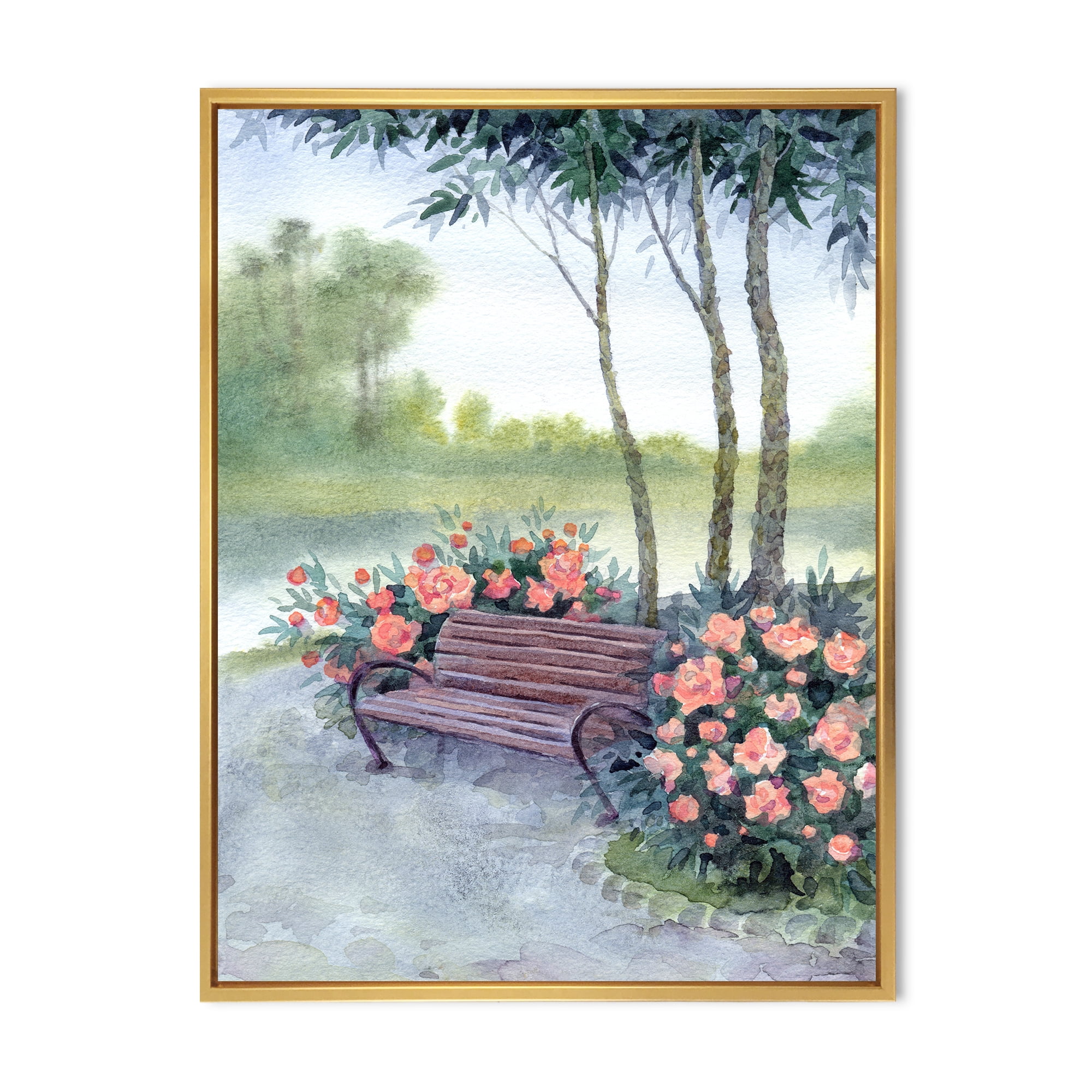 Designart 'Bench In Park By The Pions Flowers Bushes' Traditional Framed Canvas Wall Art Print
