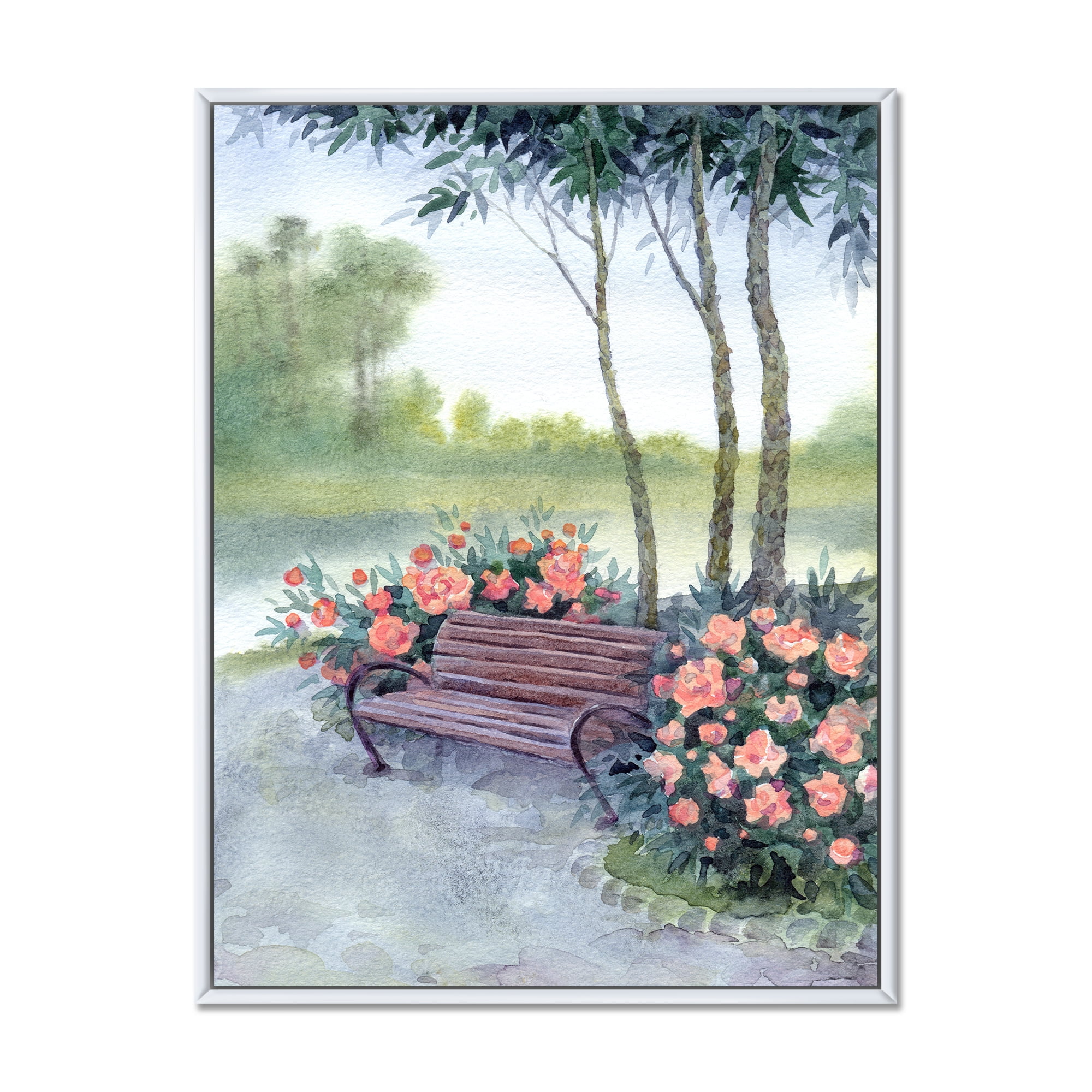 Designart 'Bench In Park By The Pions Flowers Bushes' Traditional Framed Canvas Wall Art Print