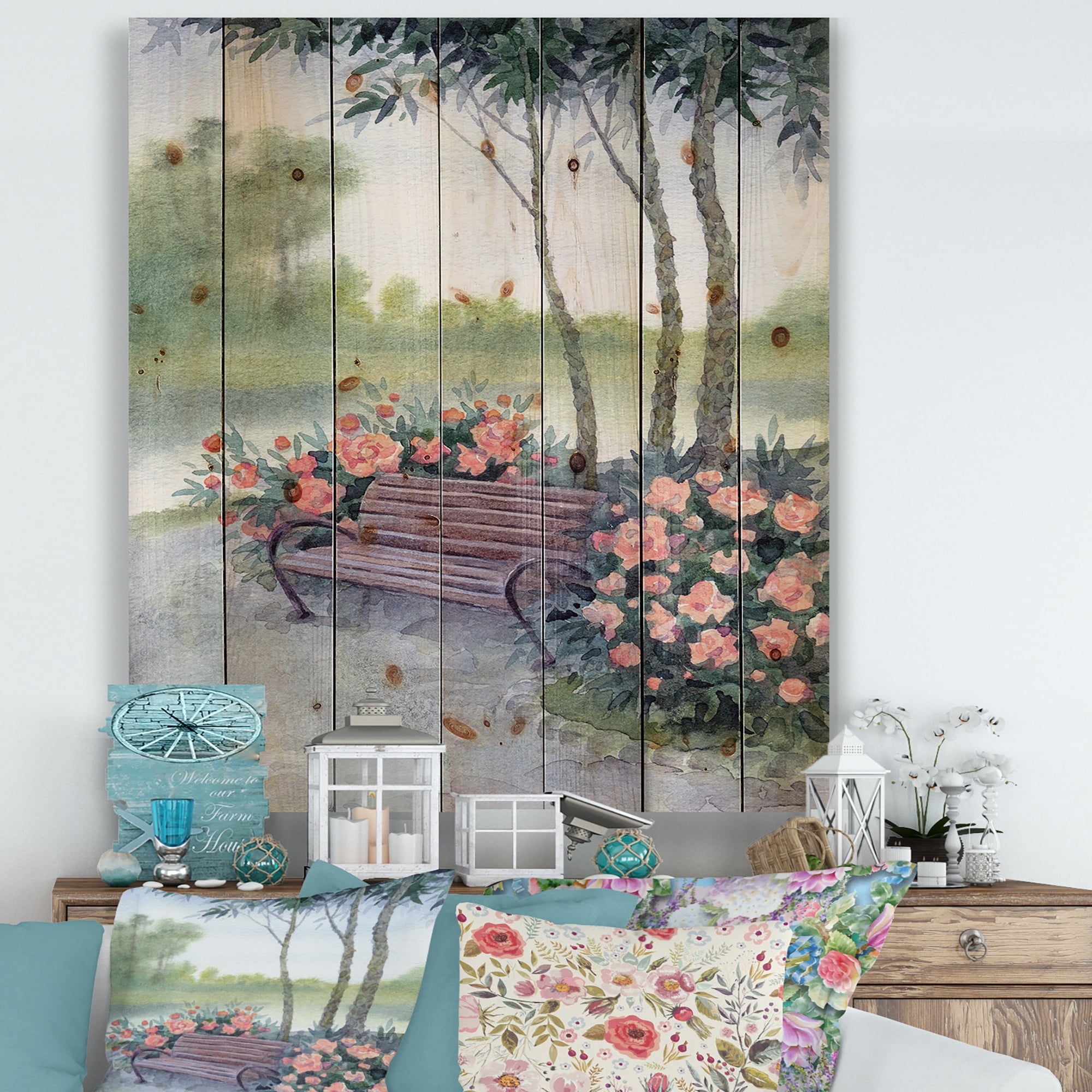 Designart 'Bench In Park By The Pions Flowers Bushes' Traditional Print on Natural Pine Wood