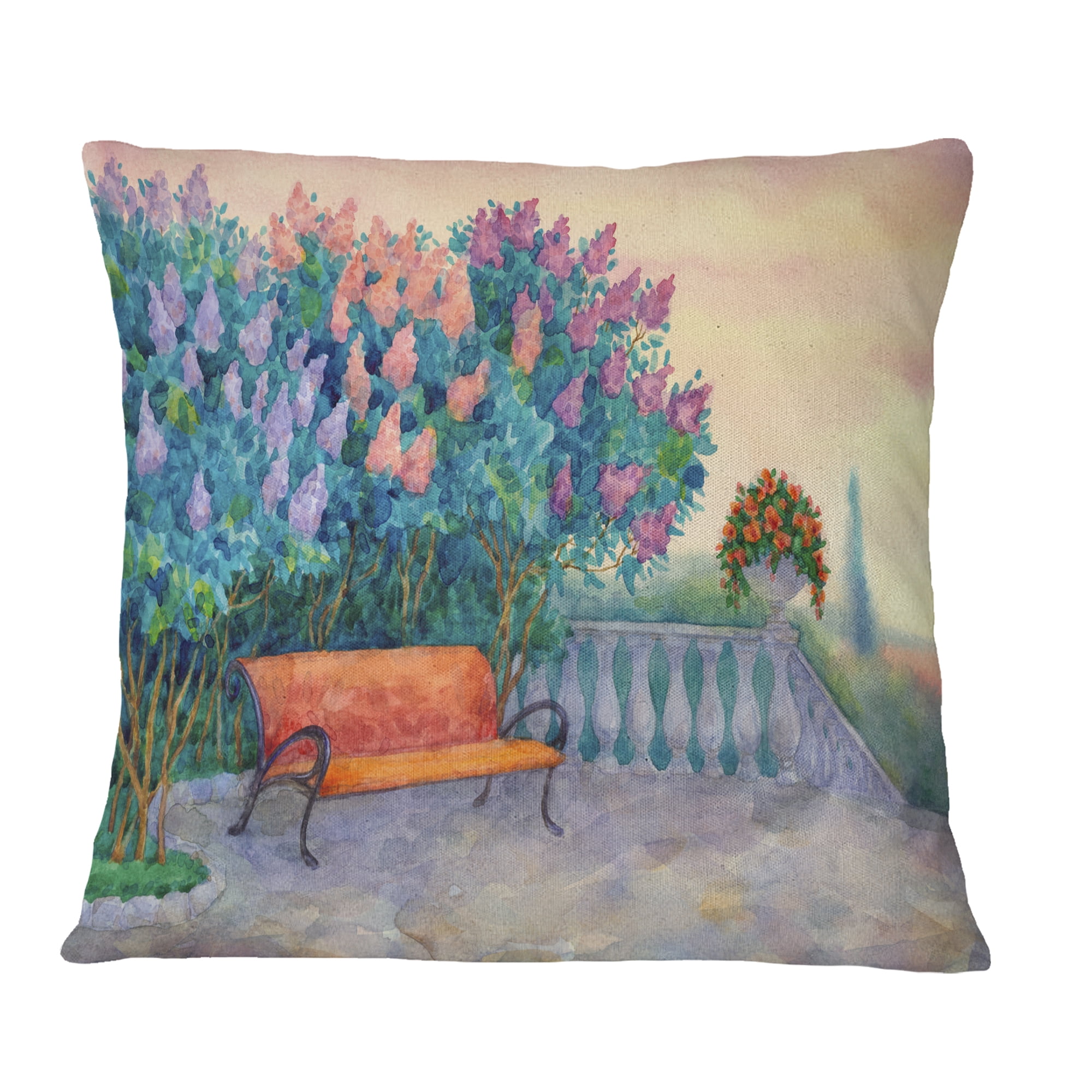 Designart Bench under Flowering Lilac - Landscape Printed Throw Pillow - 18x18