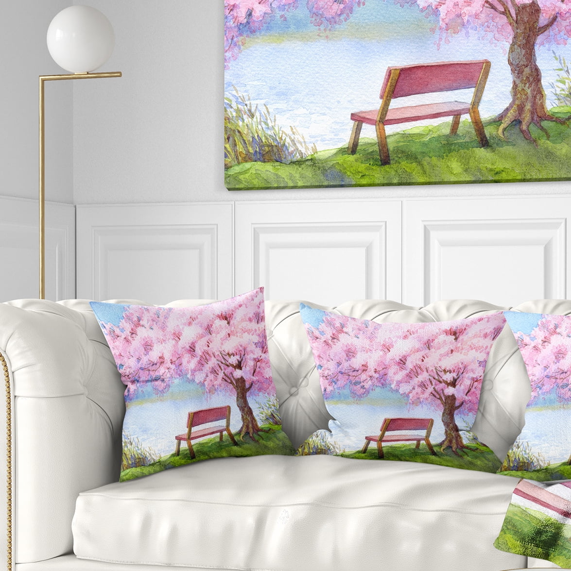 Designart Bench under Flowering Peach Tree - Floral Throw Pillow - 16x16
