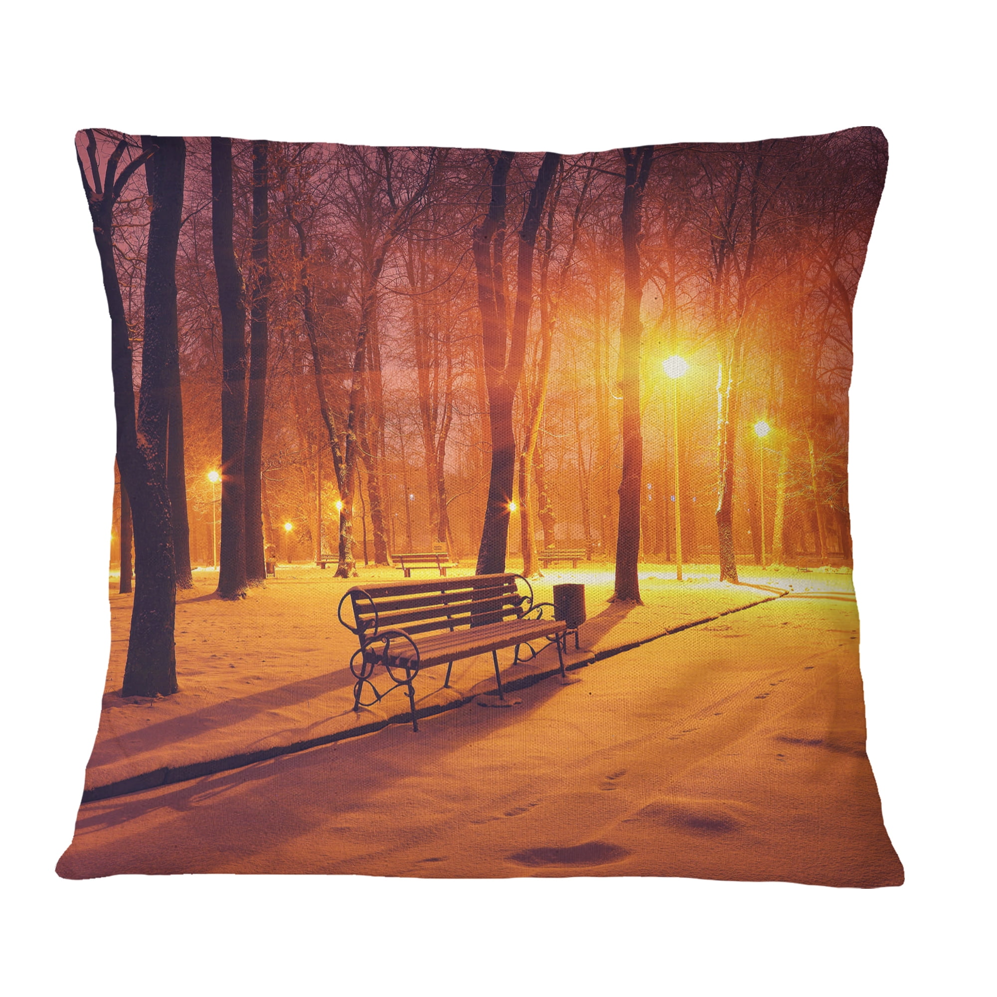 Designart Benches Covered in Winter Snow - Landscape Printed Throw Pillow - 16x16