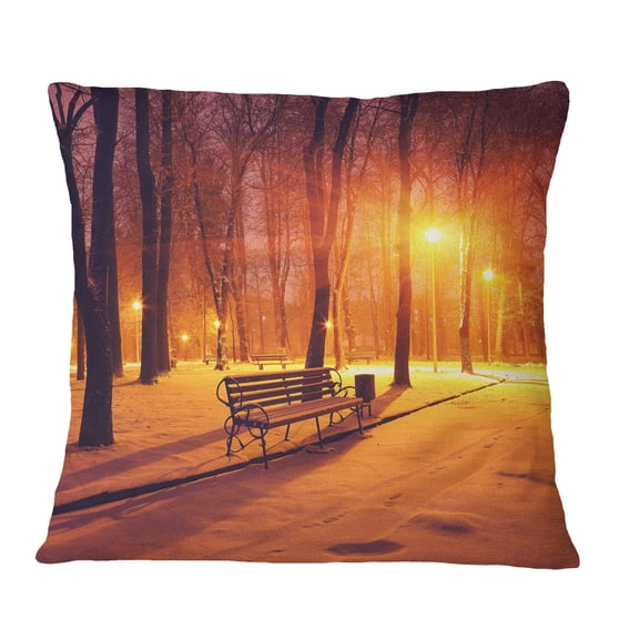 Designart Benches Covered in Winter Snow - Landscape Printed Throw Pillow - 16x16