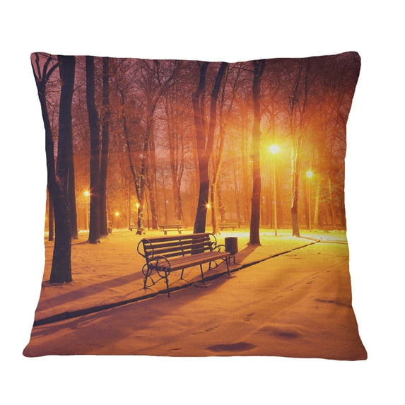 Designart Benches Covered in Winter Snow - Landscape Printed Throw Pillow - 16x16