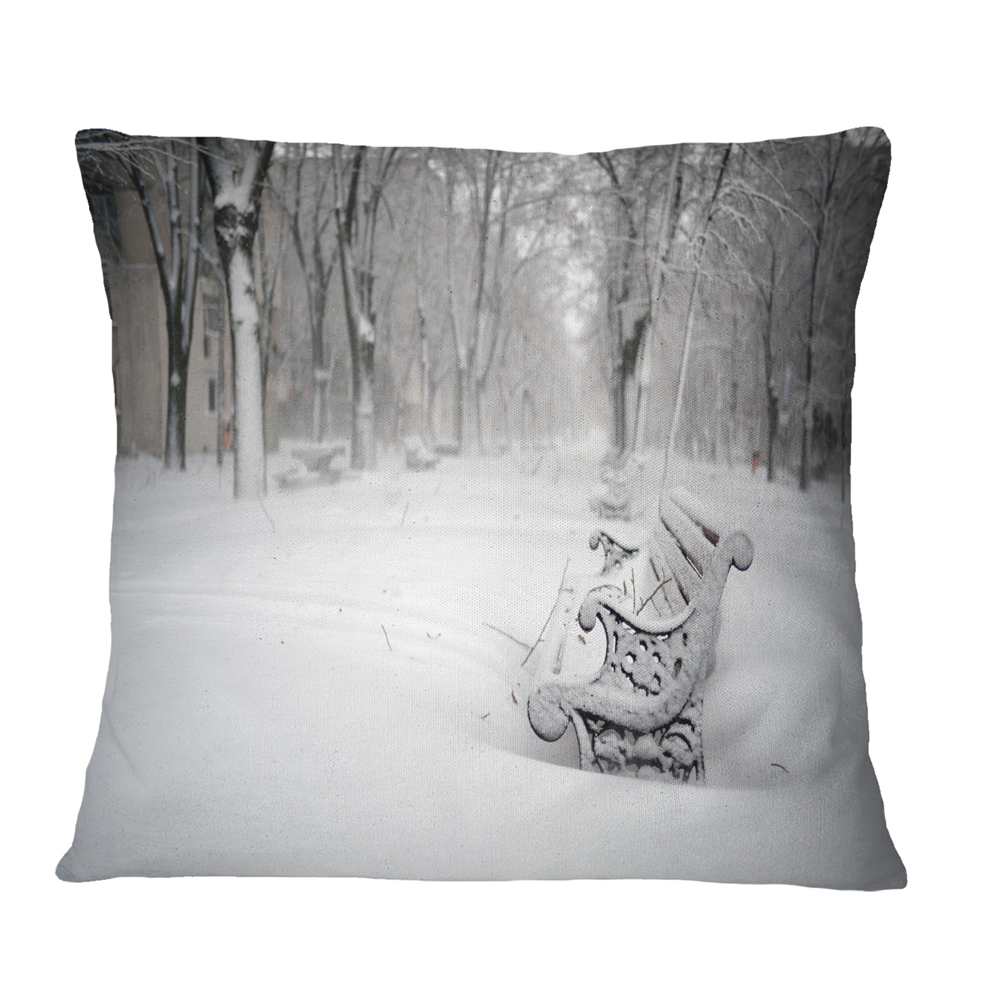 Designart Benches in Park Covered with Snow - Landscape Printed Throw Pillow - 18x18