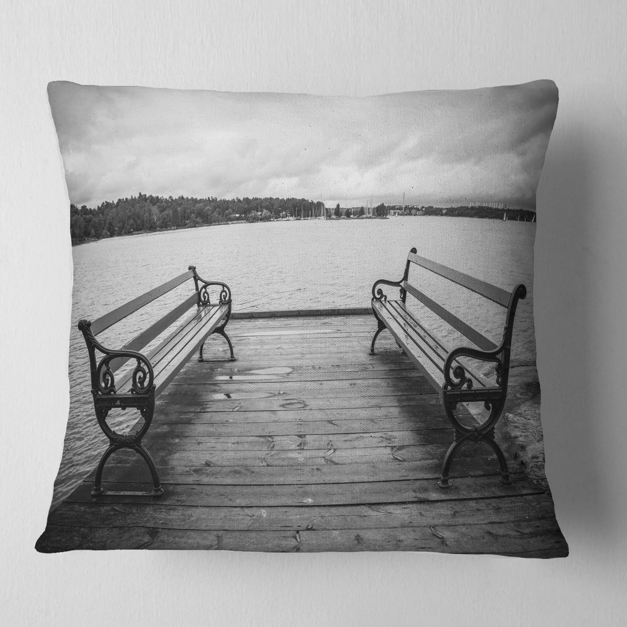 Designart Benches on Bridge by Water Side - Bridge Throw Pillow - 18x18