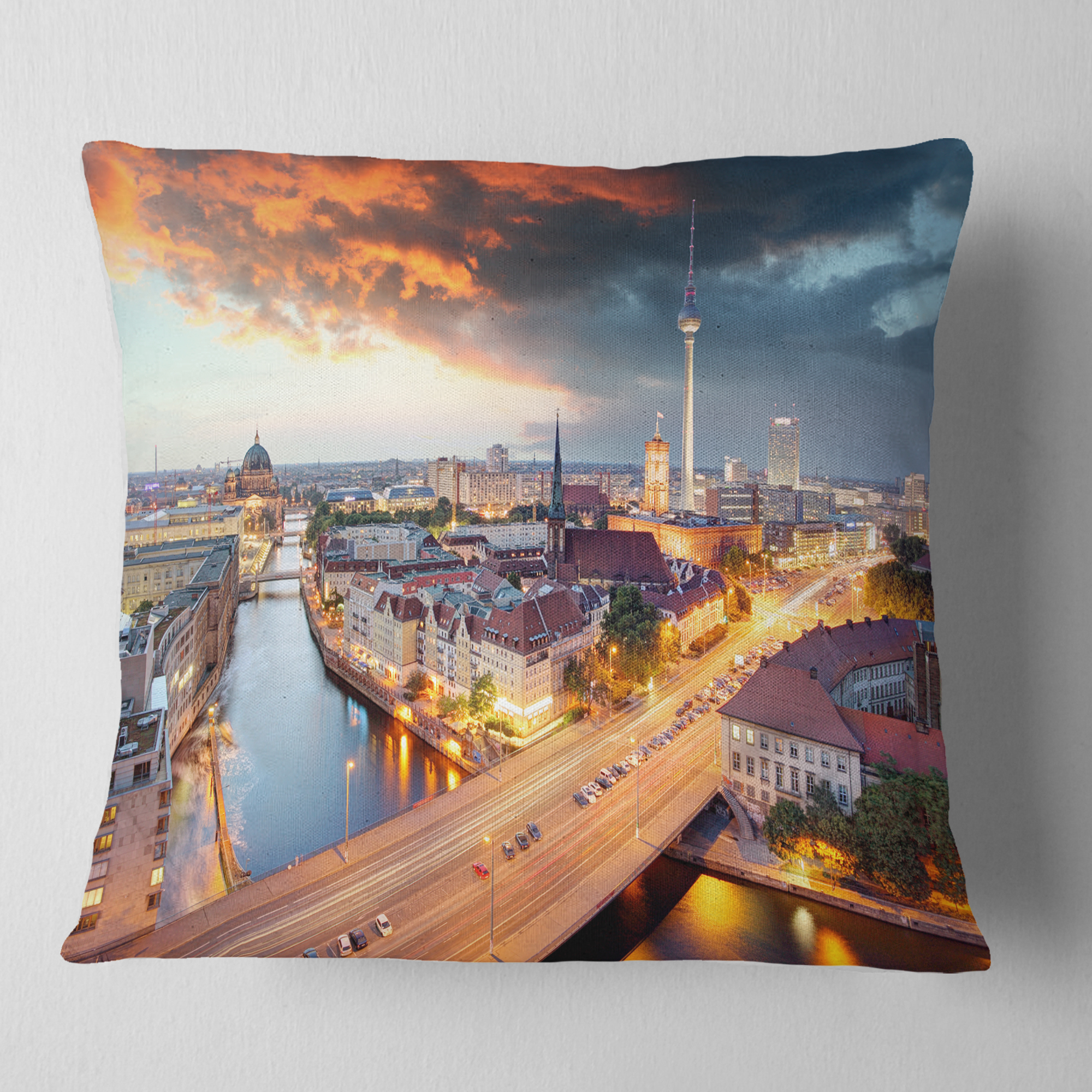 Designart Berlin at Dawn with Dramatic Sky - Cityscape Throw Pillow - 18x18