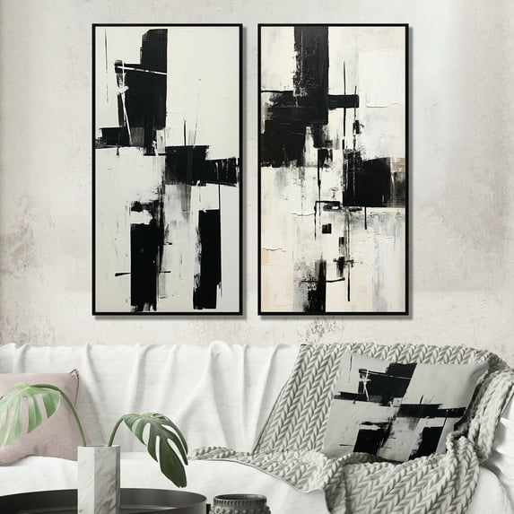 Designart "Beyond Boundaries Minimal Black and White Abstract II" Abstract Painting Framed Wall Art Set Of 2 - Modern Black Framed Canvas Set For Living Room Decor