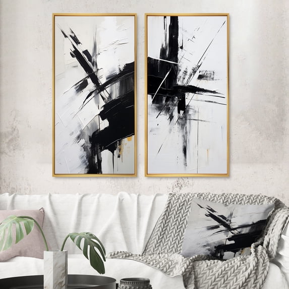 Designart "Beyond Boundaries Minimal Black and White Abstract III" Abstract Painting Framed Wall Art Set Of 2 - Modern Black Frame Gallery Set For Office Decor