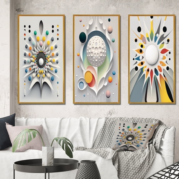 Designart "Beyond Knowing Séance Vision II" Modern Geometric Framed Wall Art Set Of 3 - White Abstract Frame Gallery Wall Set For Home Decor
