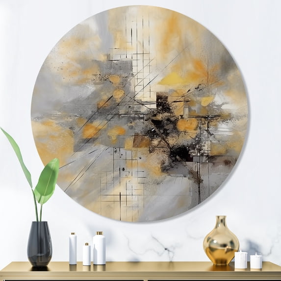 Designart "Beyond The Canvas Yellow and Grey I" Abstract Painting Metal Round Wall Art