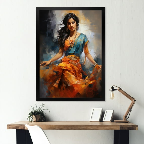 Designart "Bharatanatyam Pose in Indian Art Dancing III" People Framed Wall Art - Global Orange Indian Art Entryway Framed Wall Art Print