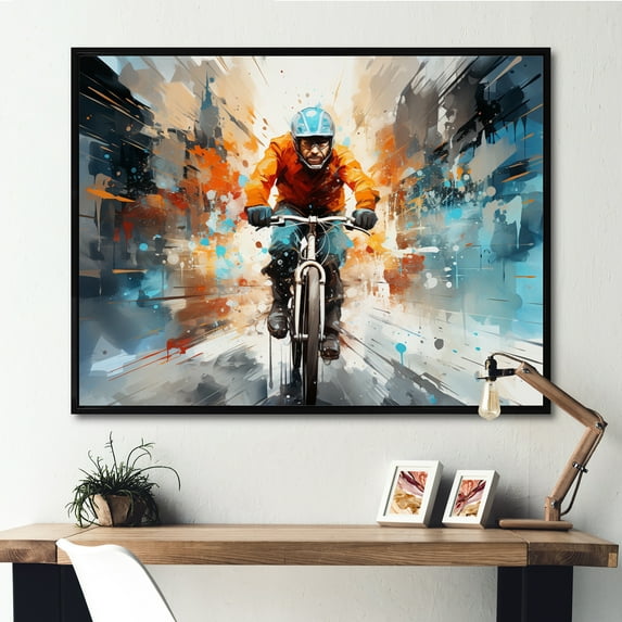 Designart "Bicycle Abstract City Cyclists" Transportation Floater Framed Wall Decor