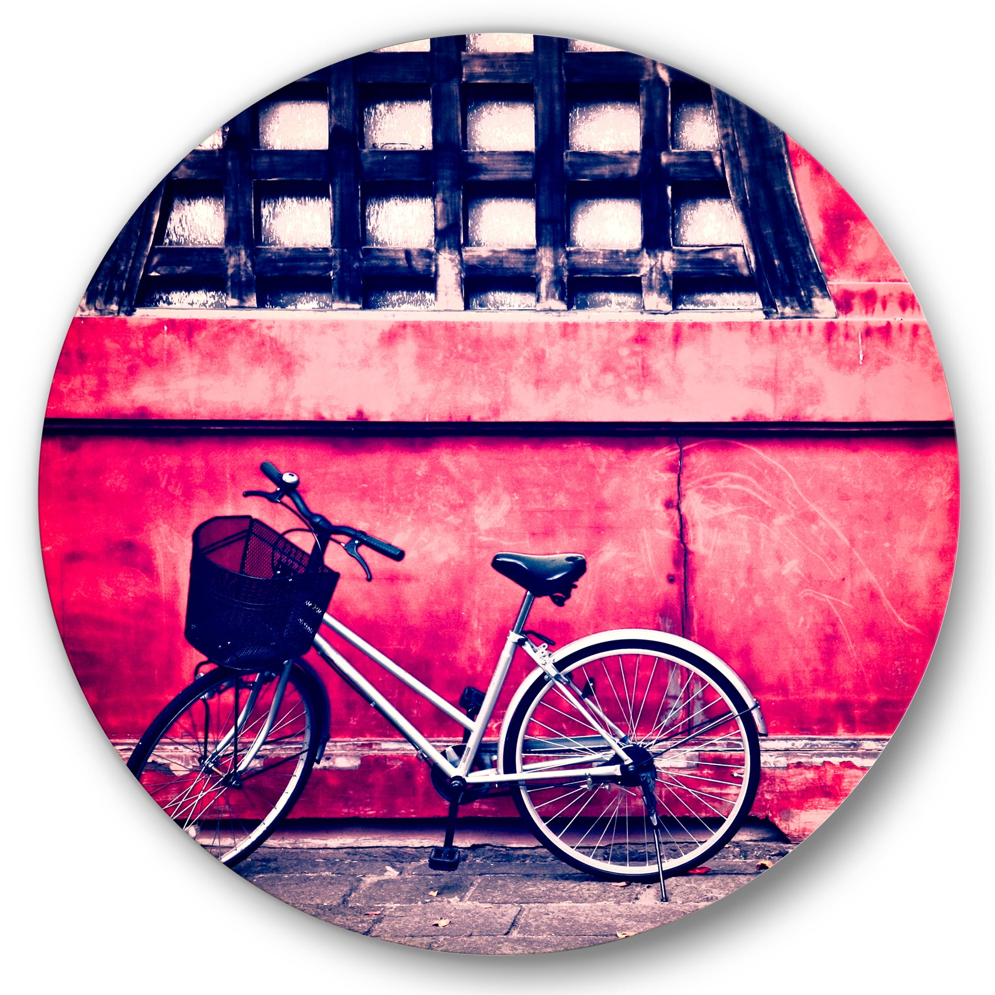Designart 'Bicycle By Oriental Zozoji Temple Tokyo' Vintage Circle Metal Wall Art 23x23 - Disc of 23