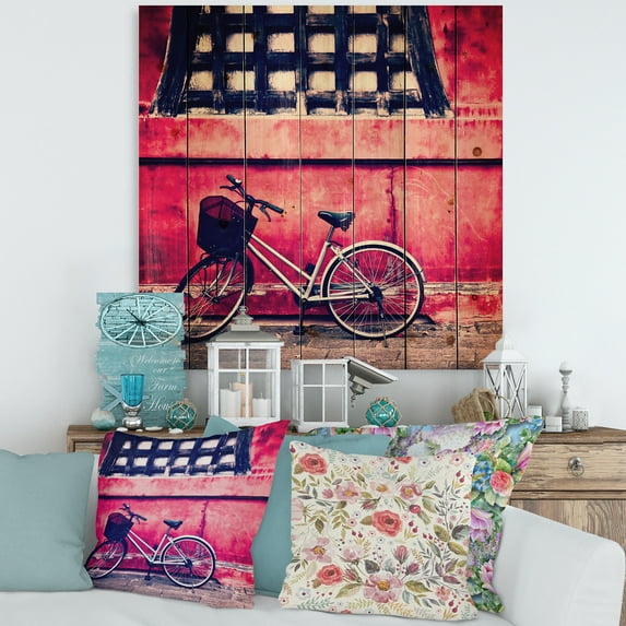 Designart 'Bicycle By Oriental Zozoji Temple Tokyo' Vintage Print on Natural Pine Wood